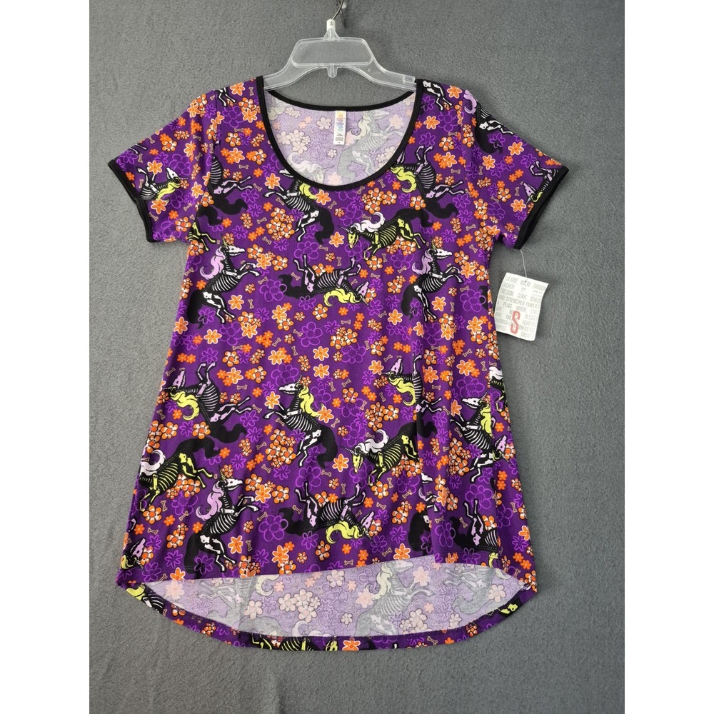 LuLaRoe Short Sleeve Scoop Neck Hi-Lo Top Tee Purple Skeleton Unicorn Size S NWT